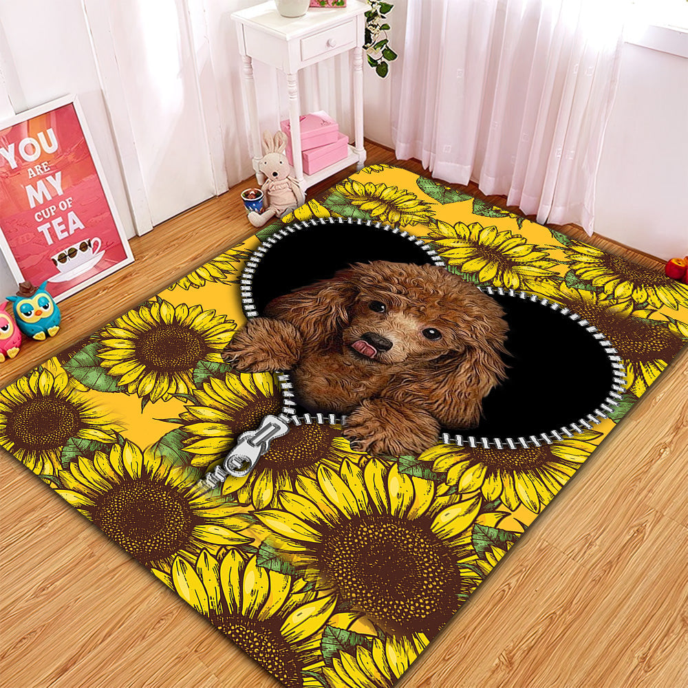 Cute Dog Poodle Sunflower Zipper Rug Carpet Rug Home Room Decor Nearkii