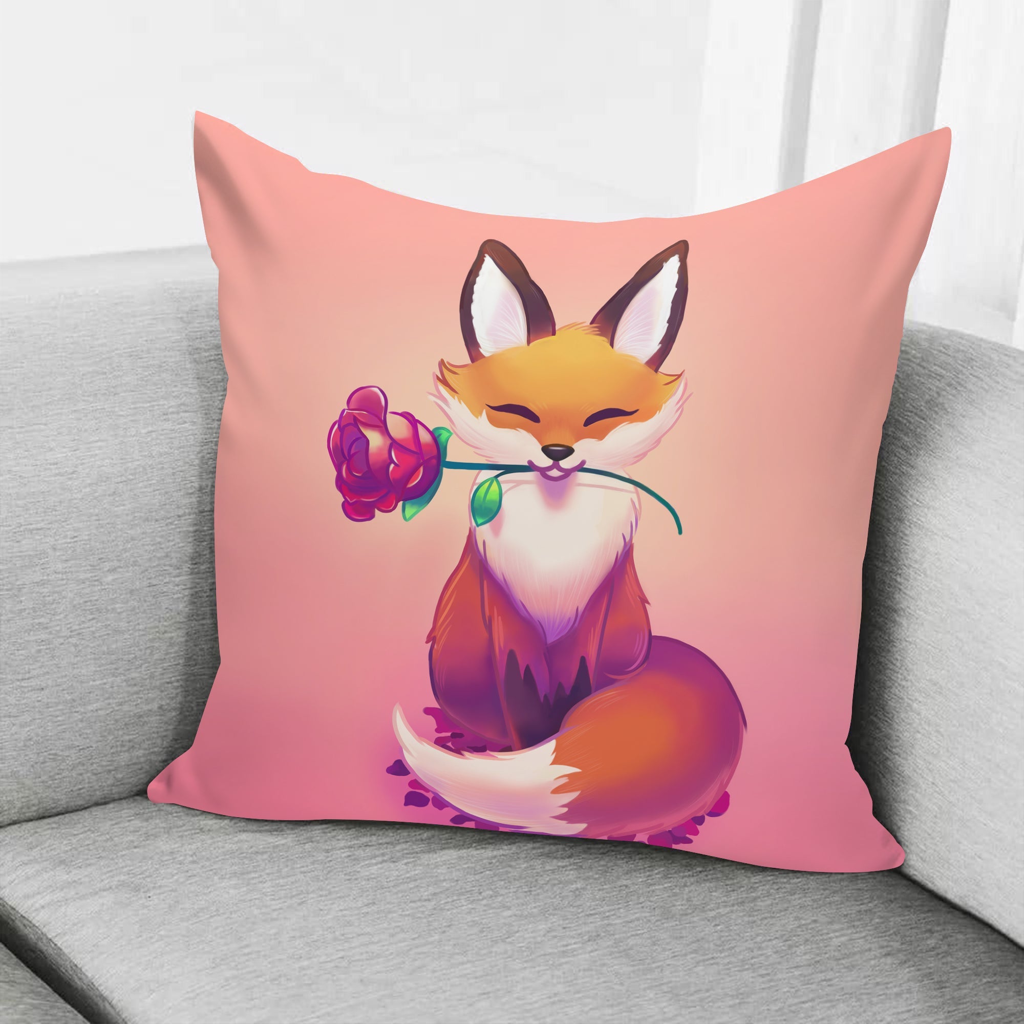 Fox Rose Pink Cute Pillowcase Room Decor