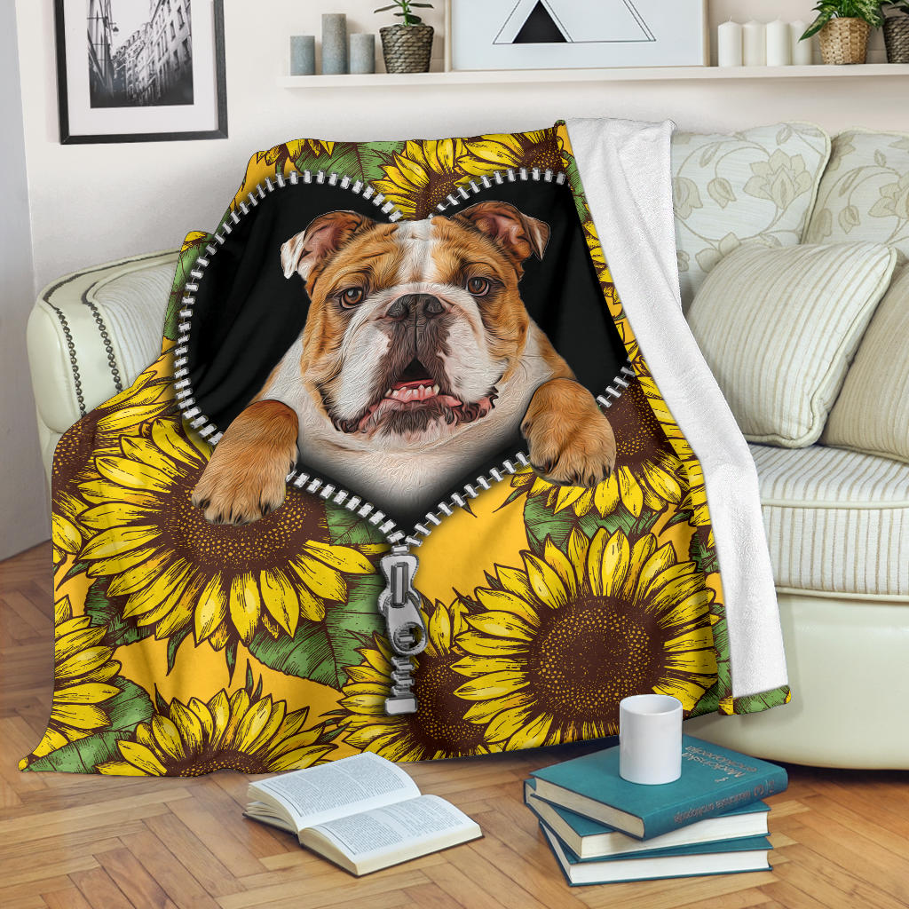 Bull Dog Sunflower Zipper Premium Custom Blanket Nearkii