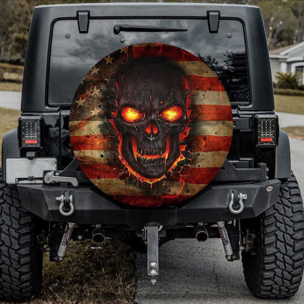 Fire Skull American Flag Jeep Car Spare Tire Cover Gift For Campers Nearkii