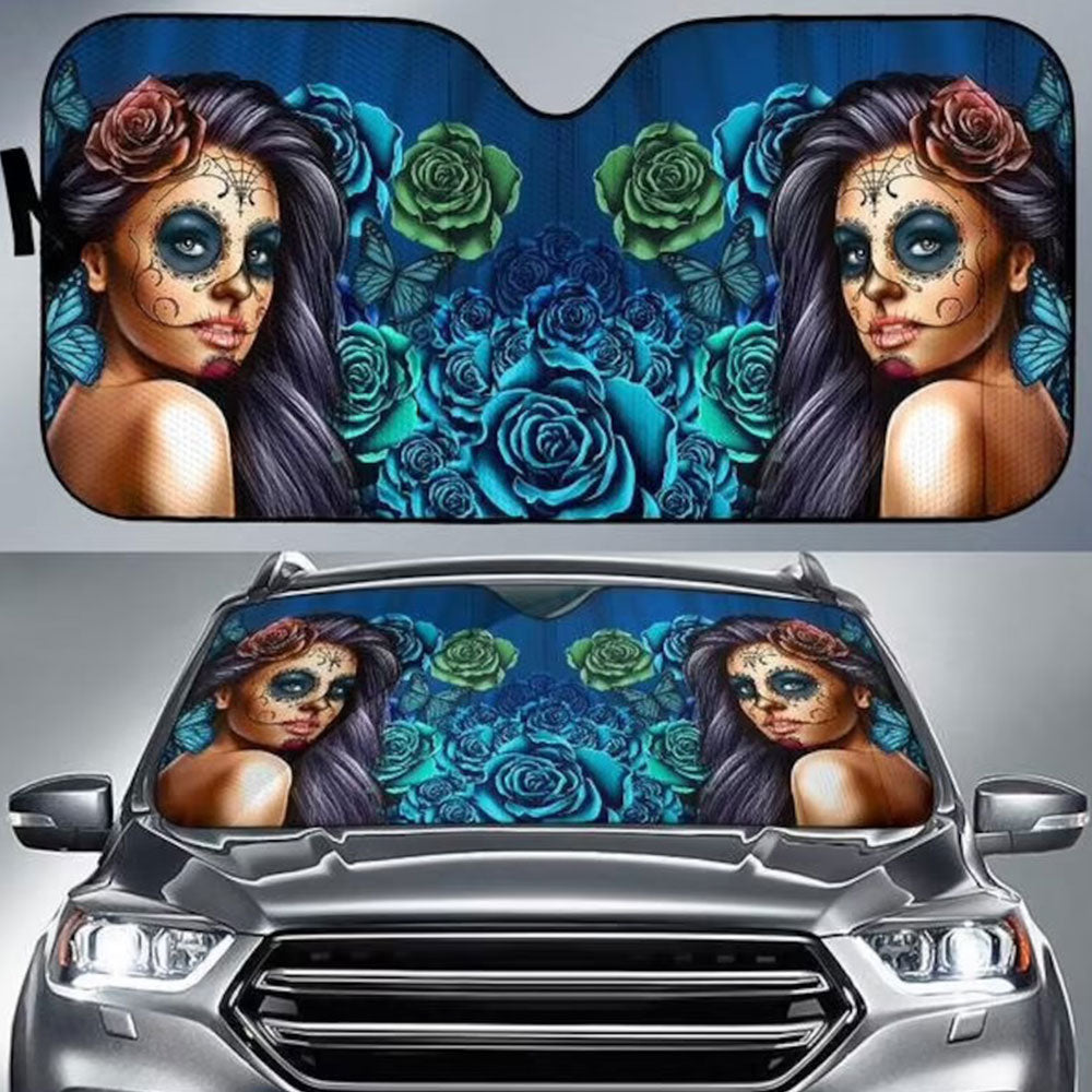 Calavera Girl Blue Car Auto Sun Shades Windshield Accessories Decor Gift Nearkii