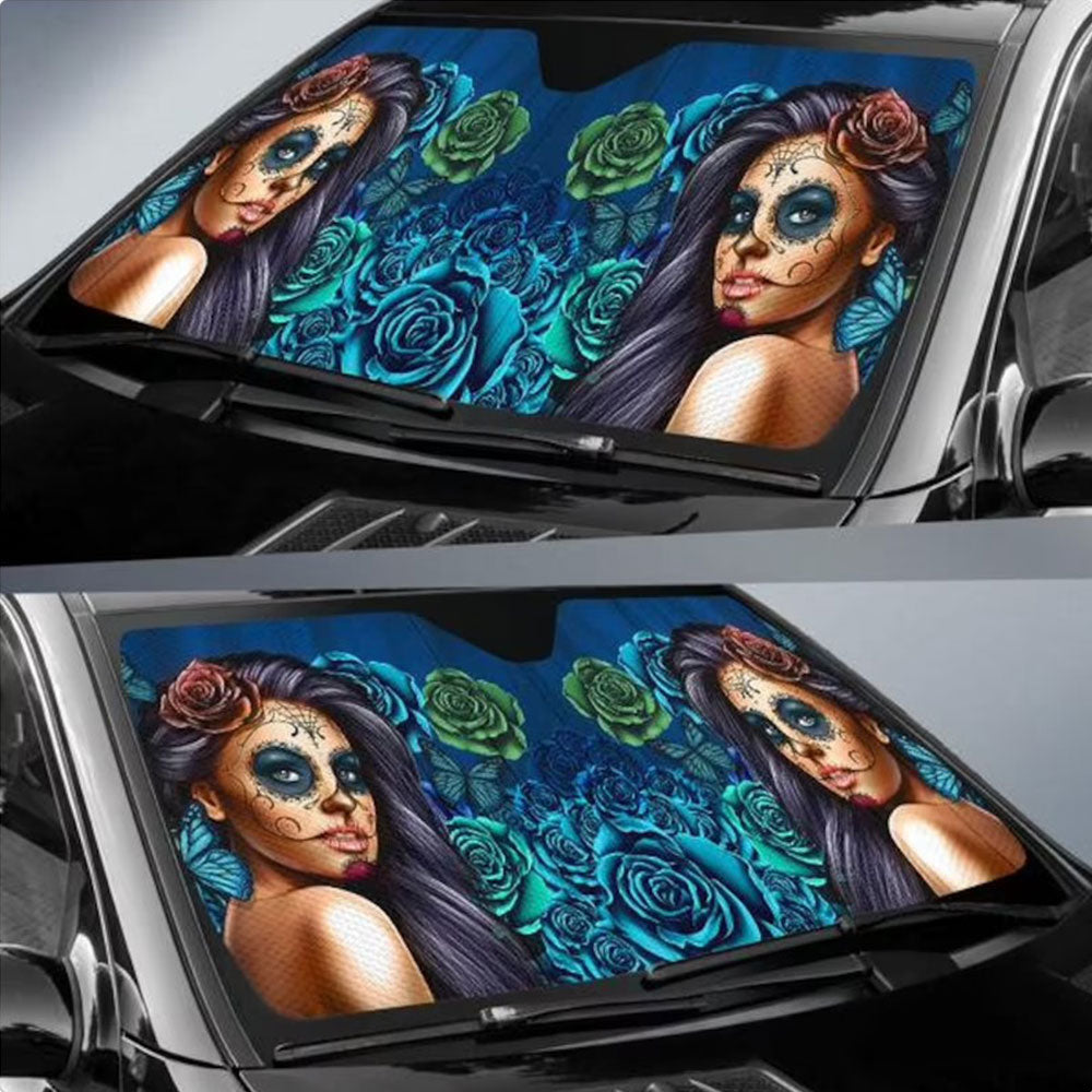 Calavera Girl Blue Car Auto Sun Shades Windshield Accessories Decor Gift Nearkii