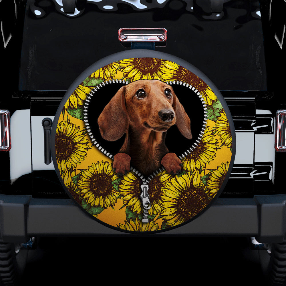 Sunflower Brown Dachshund Zipper Car Spare Tire Covers Gift For Campers Nearkii