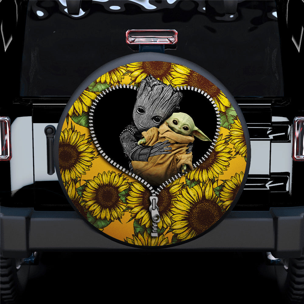 Baby Groot And Baby Yoda Sunflower Zipper Car Spare Tire Covers Gift For Campers Nearkii