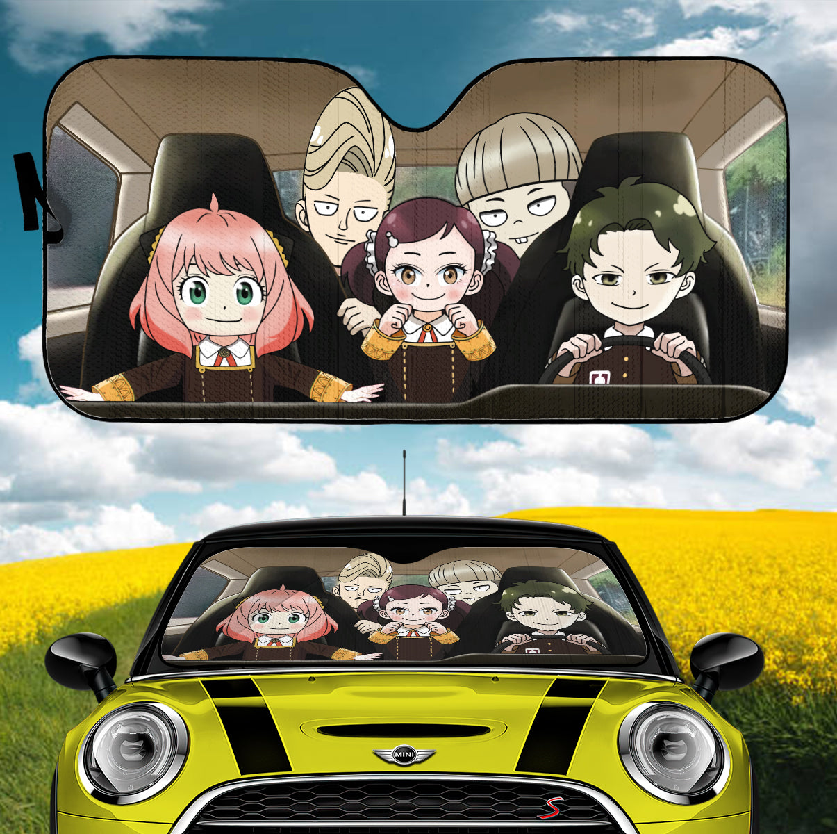 Spy x Family Anime Anya And Friends Driving Car Auto Sunshades Nearkii