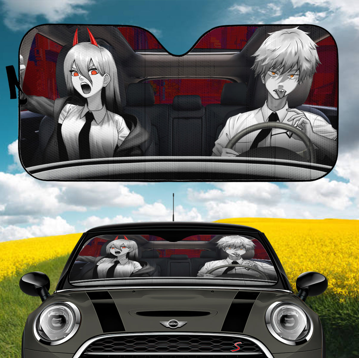 Chainsaw Man Anime Denji And Power Car Auto Sunshades Nearkii