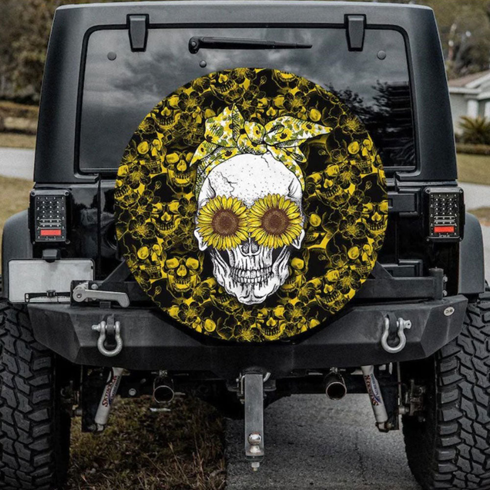 Sunflower Girl Skull Hippie Car Spare Tire Cover Gift For Campers Nearkii