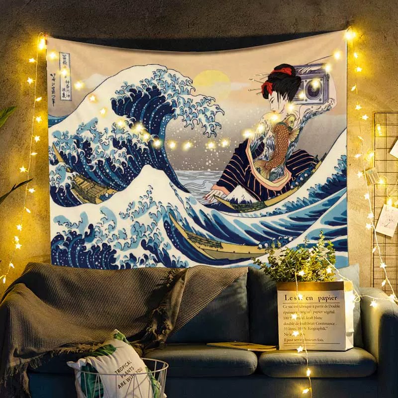 Kanagawa Girl The Great Wave Japanese Tapestry Room Decor Nearkii