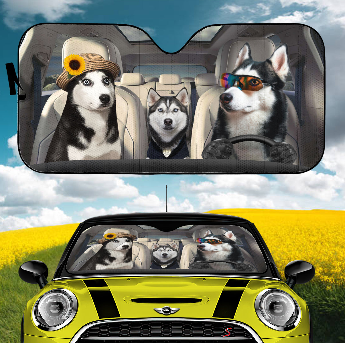 Husky Dog Family Driving Car Auto Sunshades Nearkii