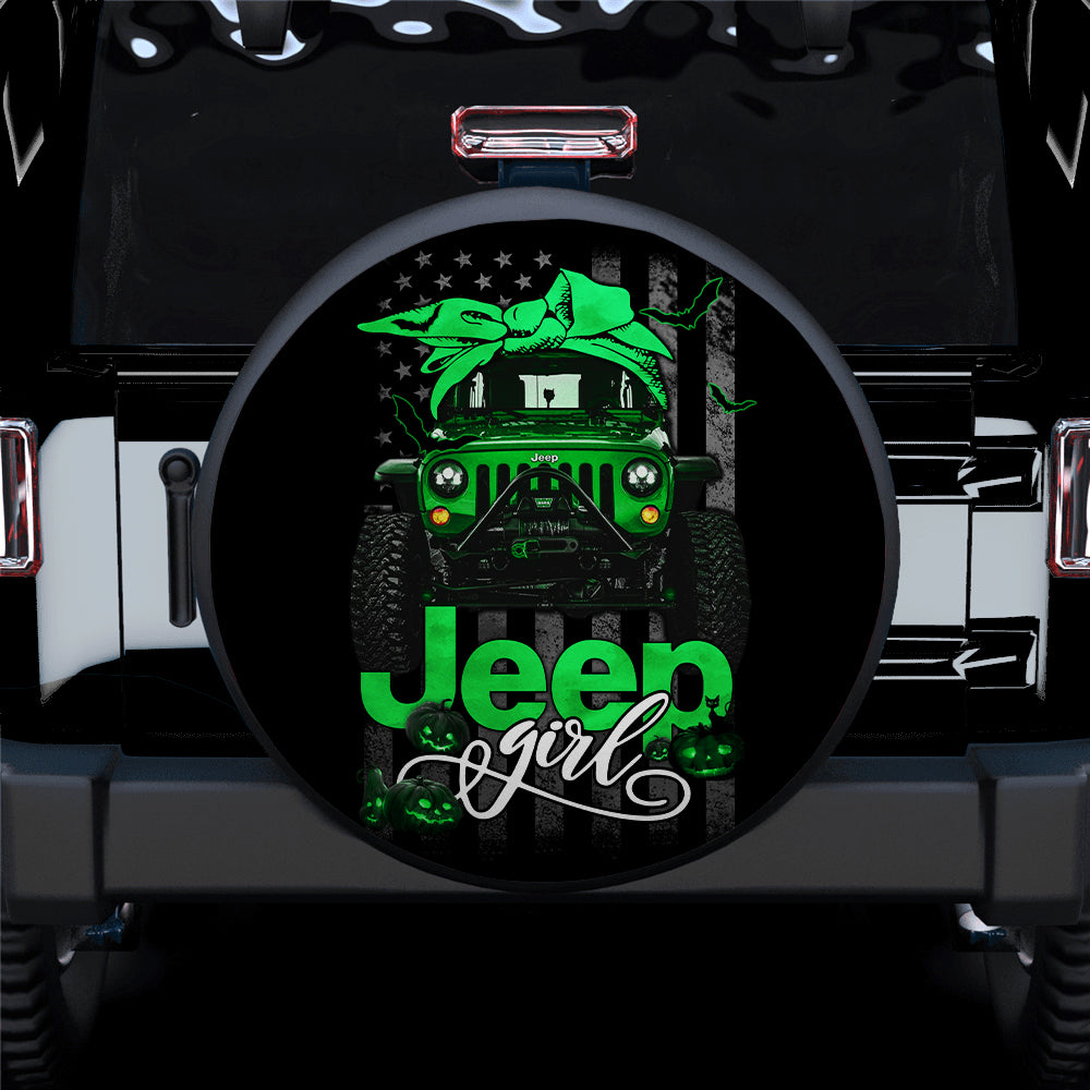 Halloween American Flag Dark Green Jeep Girl Car Spare Tire Covers Gift For Campers Nearkii