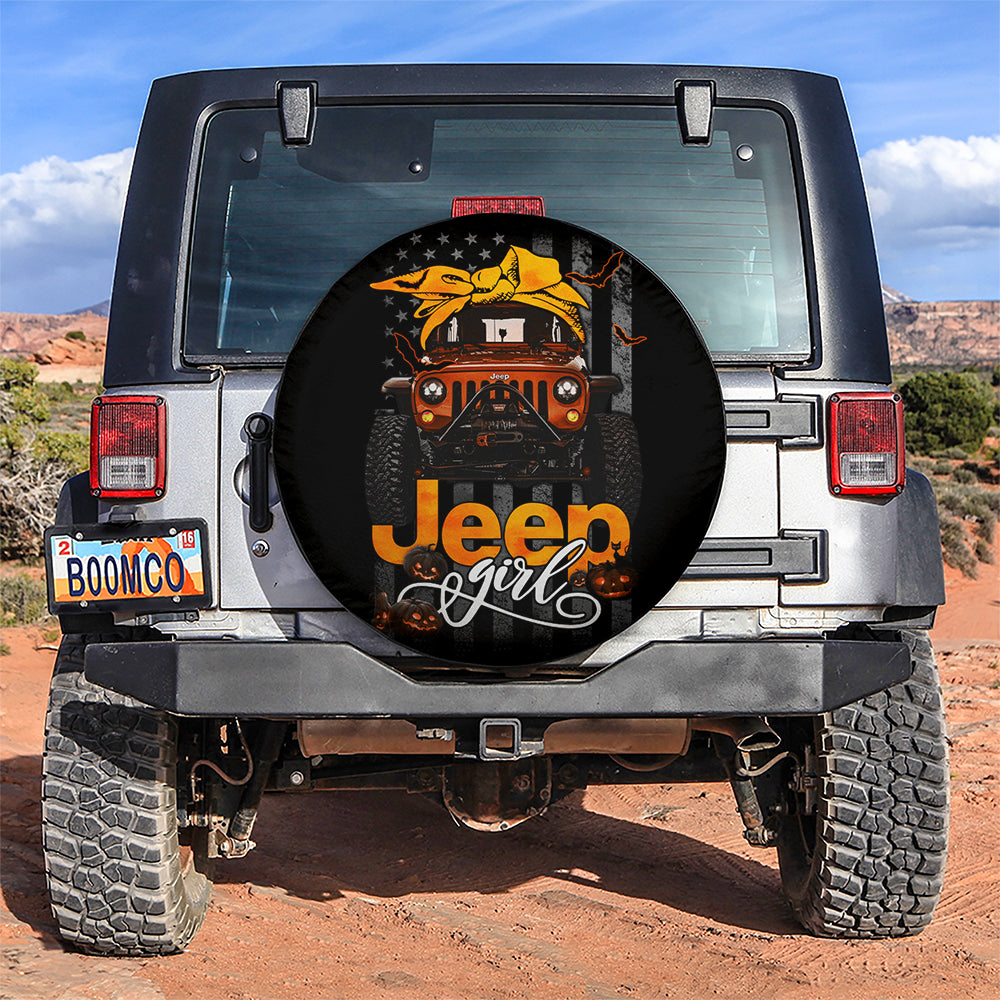 Halloween American Flag Orange Jeep Girl Car Spare Tire Covers Gift For Campers Nearkii