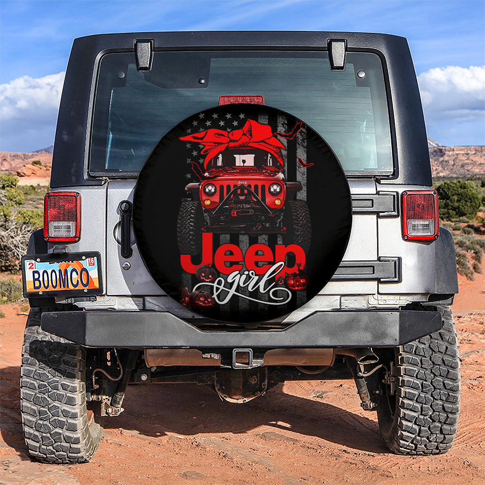 Halloween American Flag Red Jeep Girl Car Spare Tire Covers Gift For Campers Nearkii