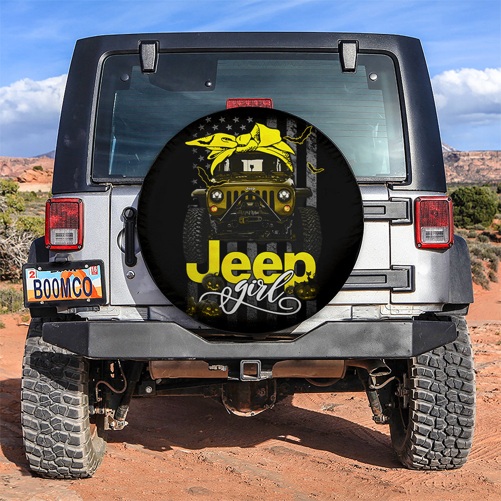 Halloween American Flag Yellow Jeep Girl Car Spare Tire Covers Gift For Campers Nearkii