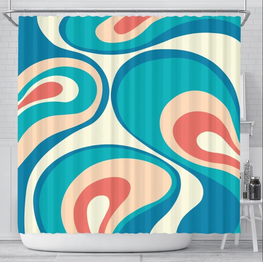 Blue Retro Abstract Wave Shower Curtain