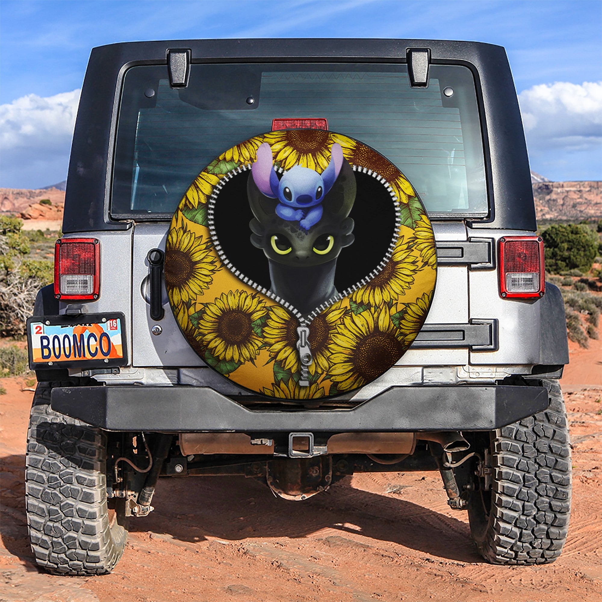 Toothless And Stitch Sunflower Zipper Car Spare Tire Covers Gift For Campers Nearkii