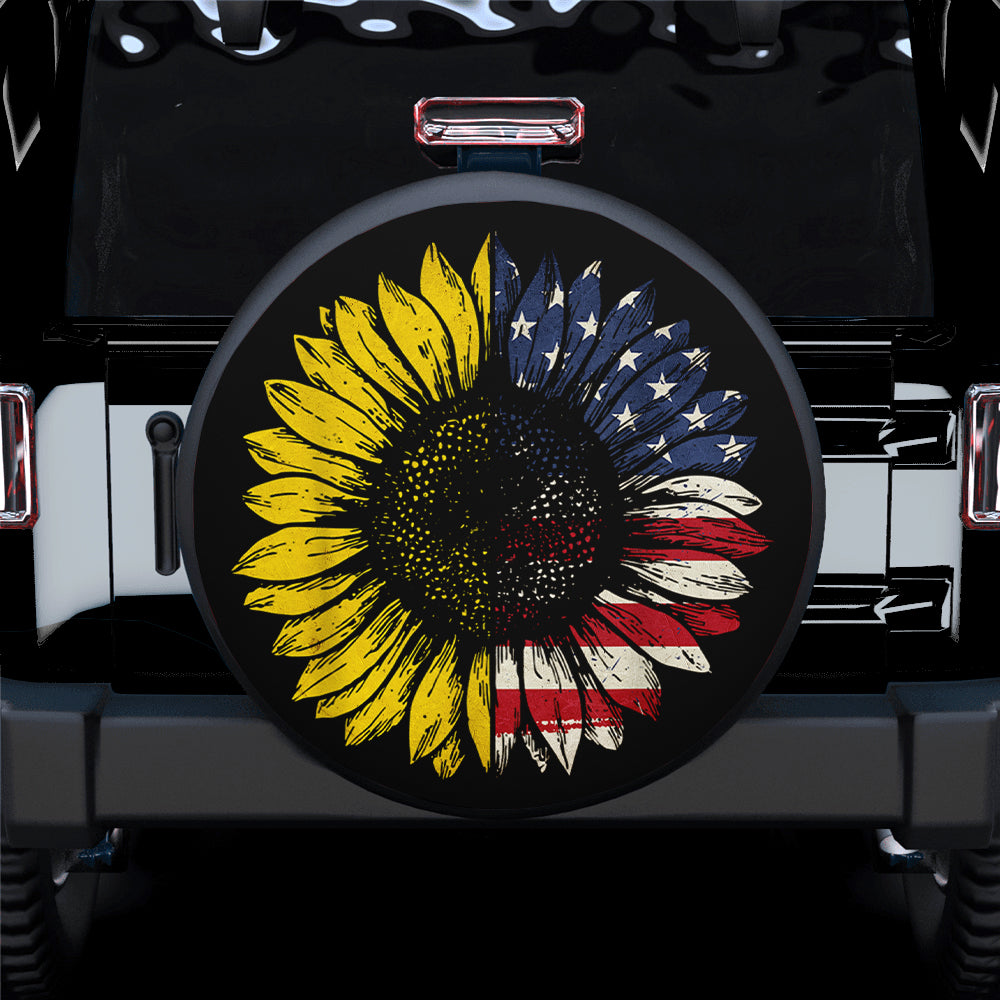 American Flag With Art Sunflower Car Spare Tire Cover Gift For Campers Nearkii