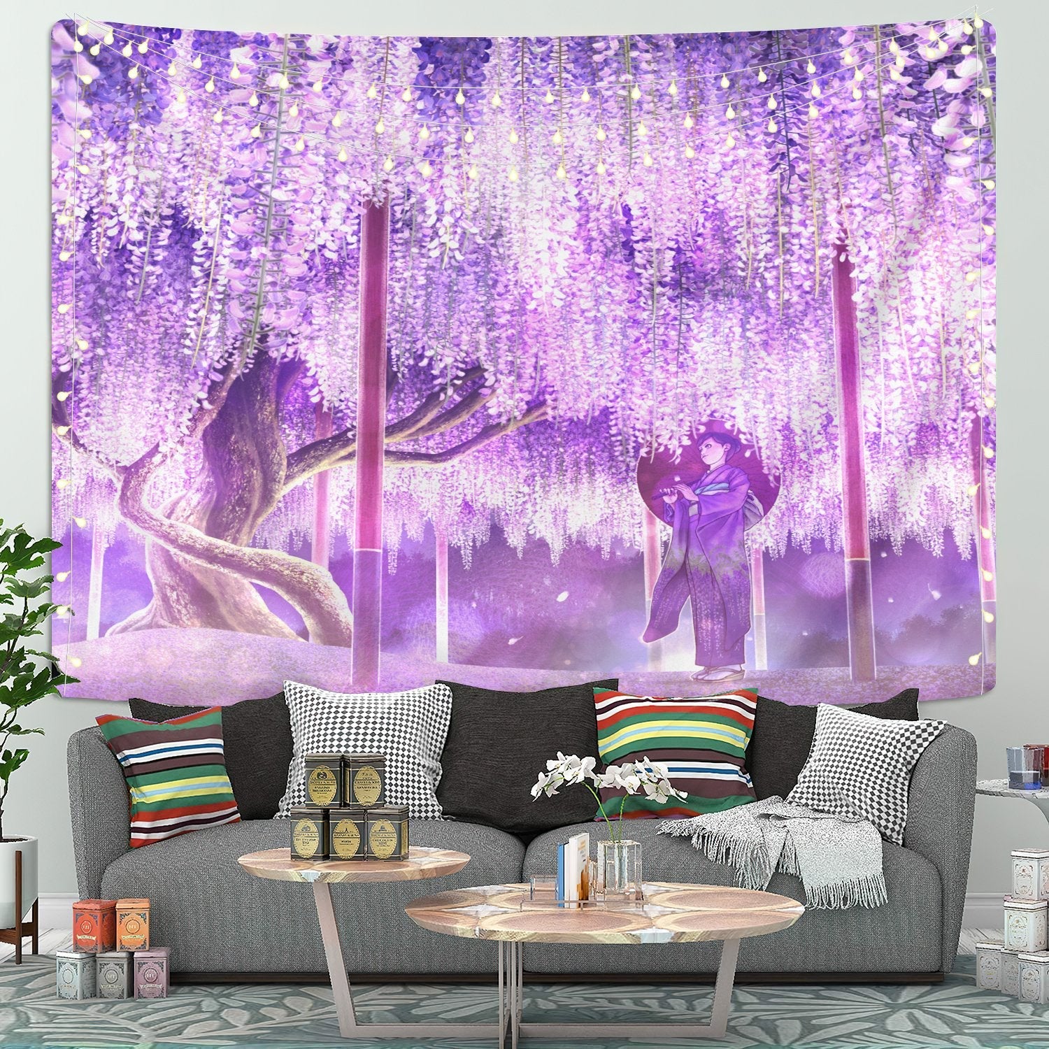 Anime Girl under blossom tree Tapestry Room Decor Nearkii