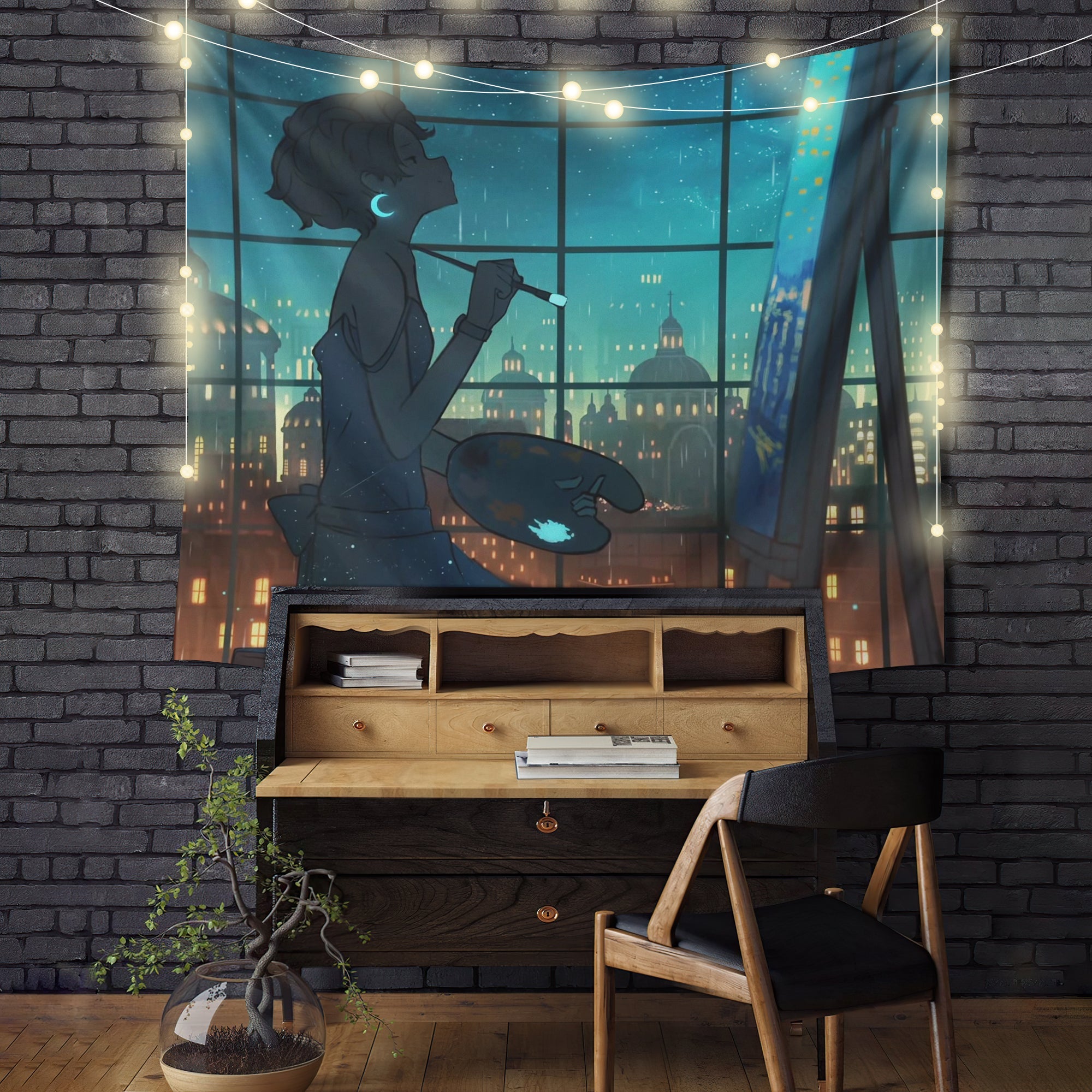 Anime Girl Painting Night Sky Lofi Chill Tapestry Room Decor Nearkii