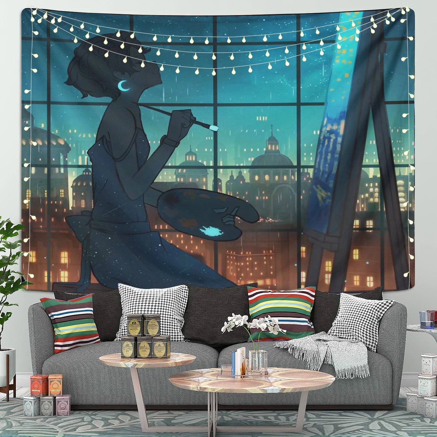 Anime Girl Painting Night Sky Lofi Chill Tapestry Room Decor Nearkii