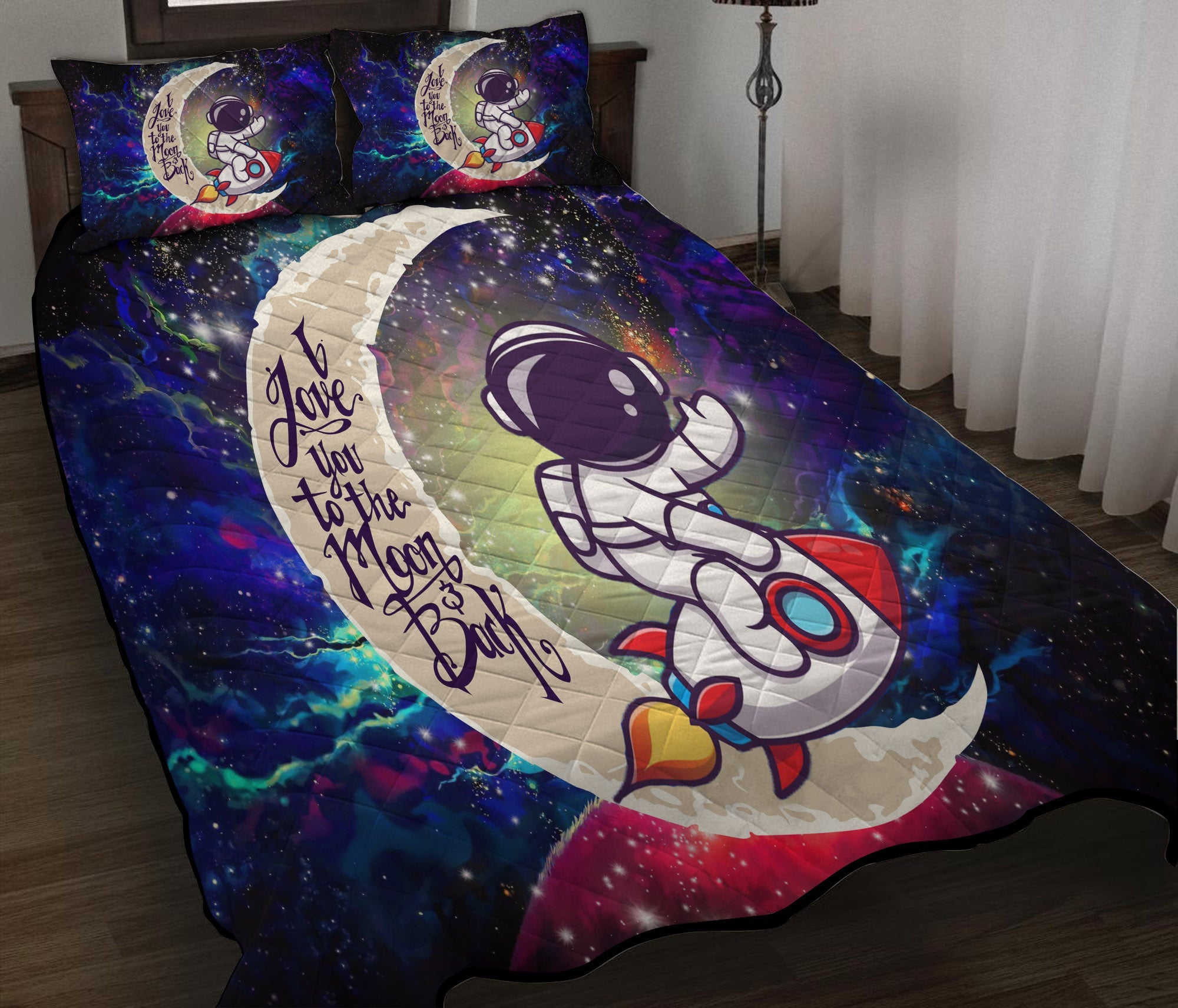 Astronaut Chibi Love You To The Moon Galaxy Quilt Bed Sets Nearkii