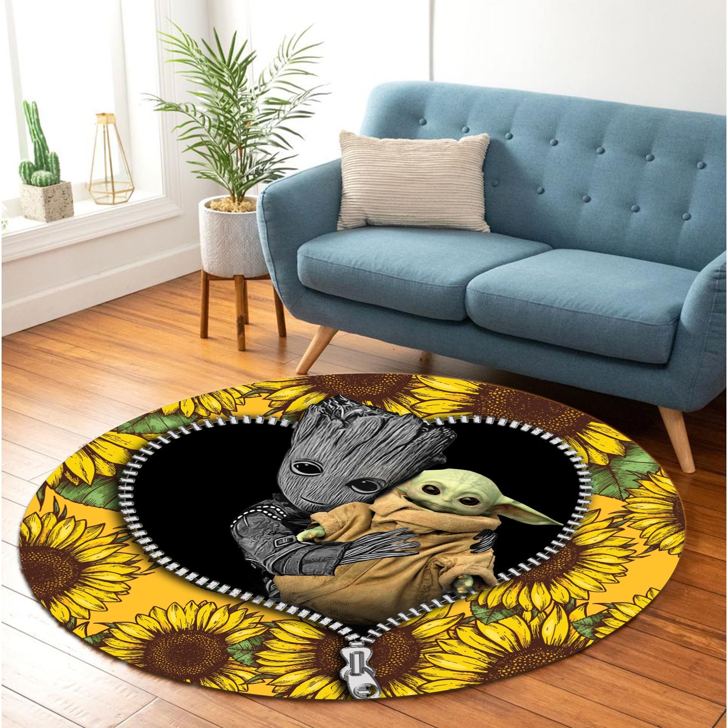 Baby Groot And Baby Yoda Sunflower Zipper Round Carpet Rug Bedroom Livingroom Home Decor Nearkii