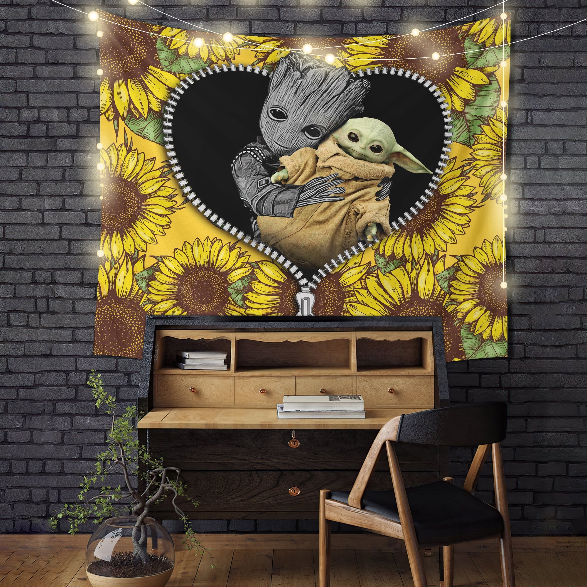 Baby Groot And Baby Yoda Sunflower Zipper Tapestry Room Decor Nearkii