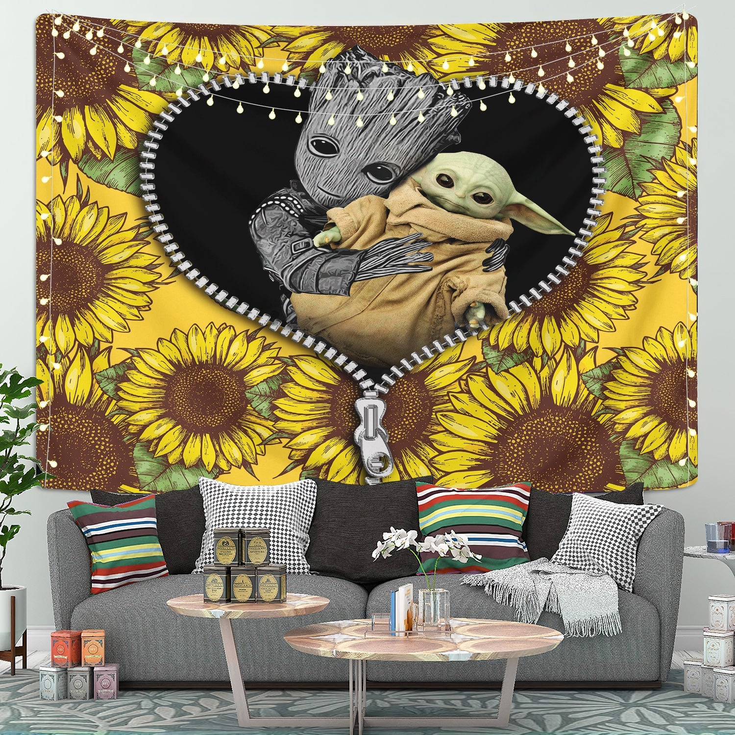 Baby Groot And Baby Yoda Sunflower Zipper Tapestry Room Decor Nearkii