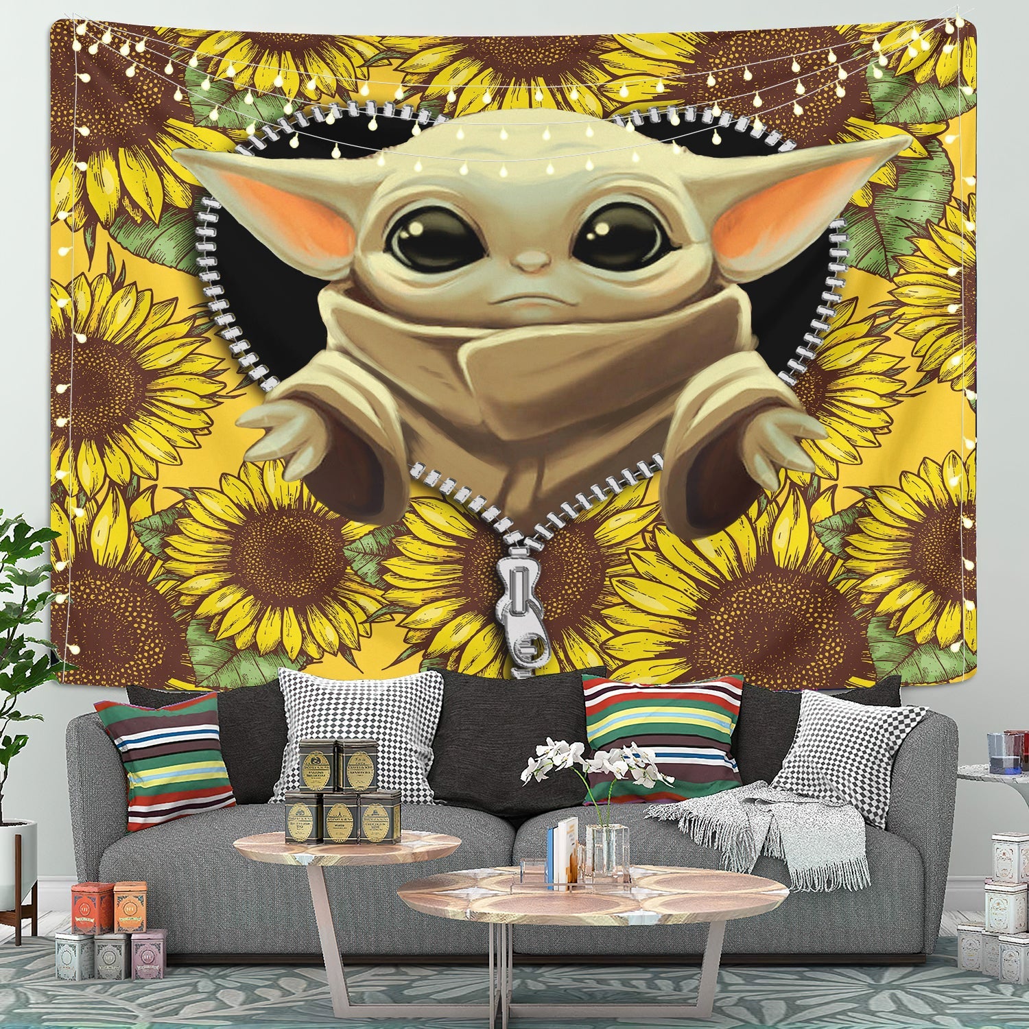 Baby Yoda Sunflower Zipper Tapestry Room Decor Nearkii