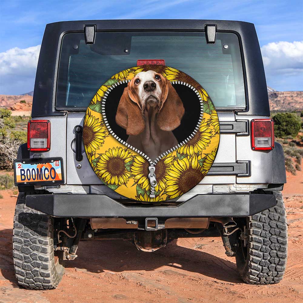 Basset Hound Sunflower Zipper Car Spare Tire Covers Gift For Campers Nearkii