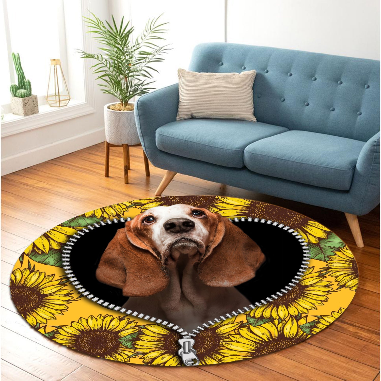 Basset Hound Sunflower Zipper Round Carpet Rug Bedroom Livingroom Home Decor Nearkii