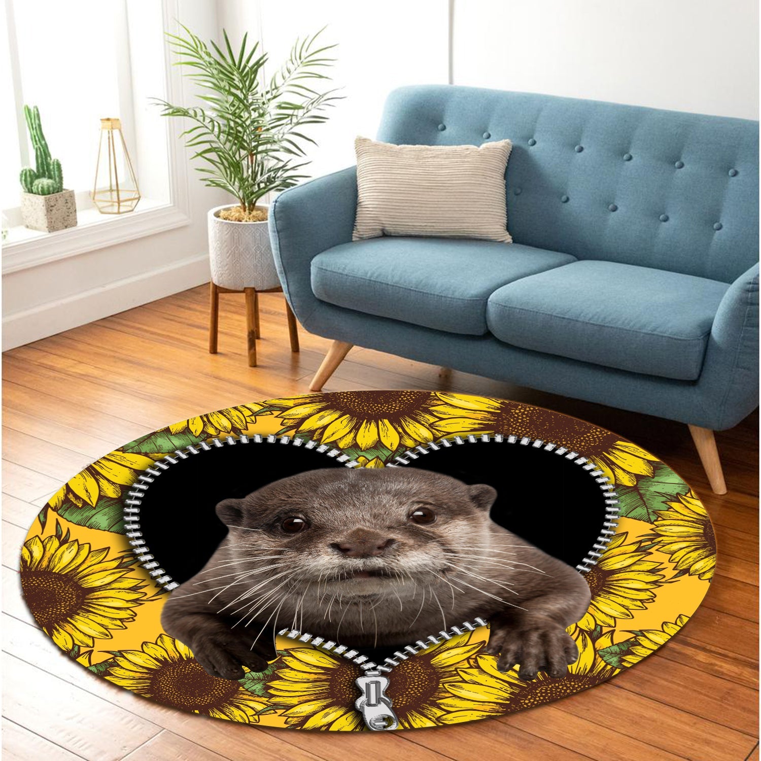 Beaver Sunflower Zipper Round Carpet Rug Bedroom Livingroom Home Decor Nearkii