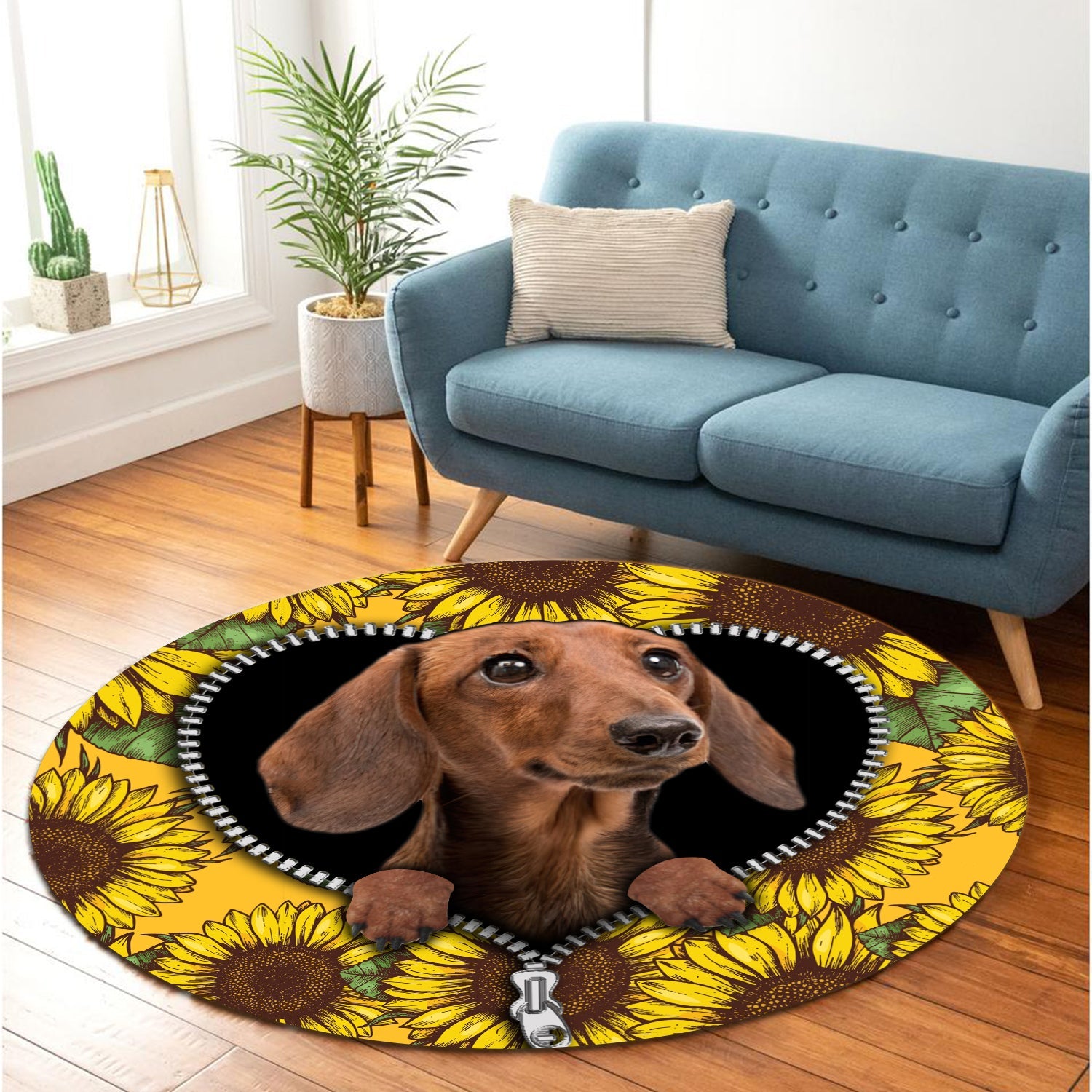 Brown Dachshund Sunflower Zipper Round Carpet Rug Bedroom Livingroom Home Decor Nearkii