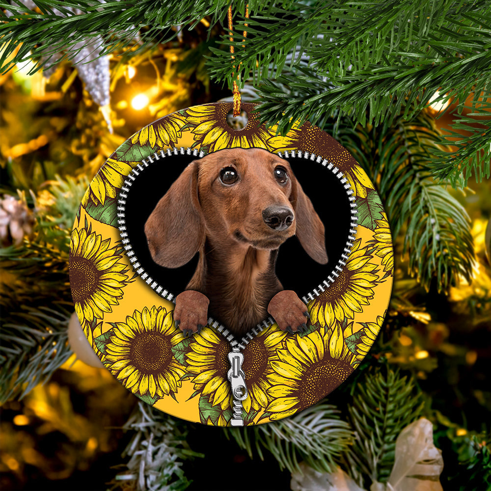 Brown Dachshund Sunflower Zipper Mica Circle Ornament Perfect Gift For Holiday Nearkii