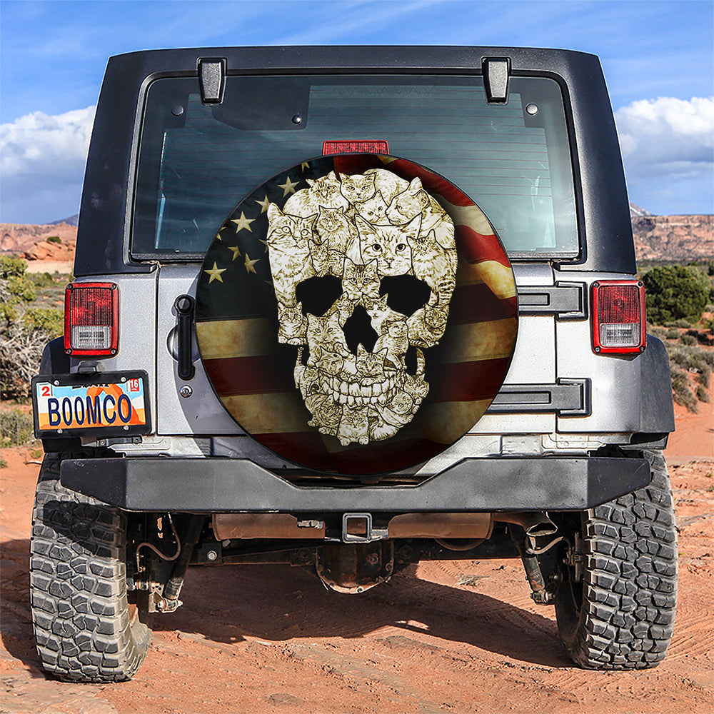 Cat Skulls, American Flag Car Spare Tire Cover Gift For Campers Nearkii