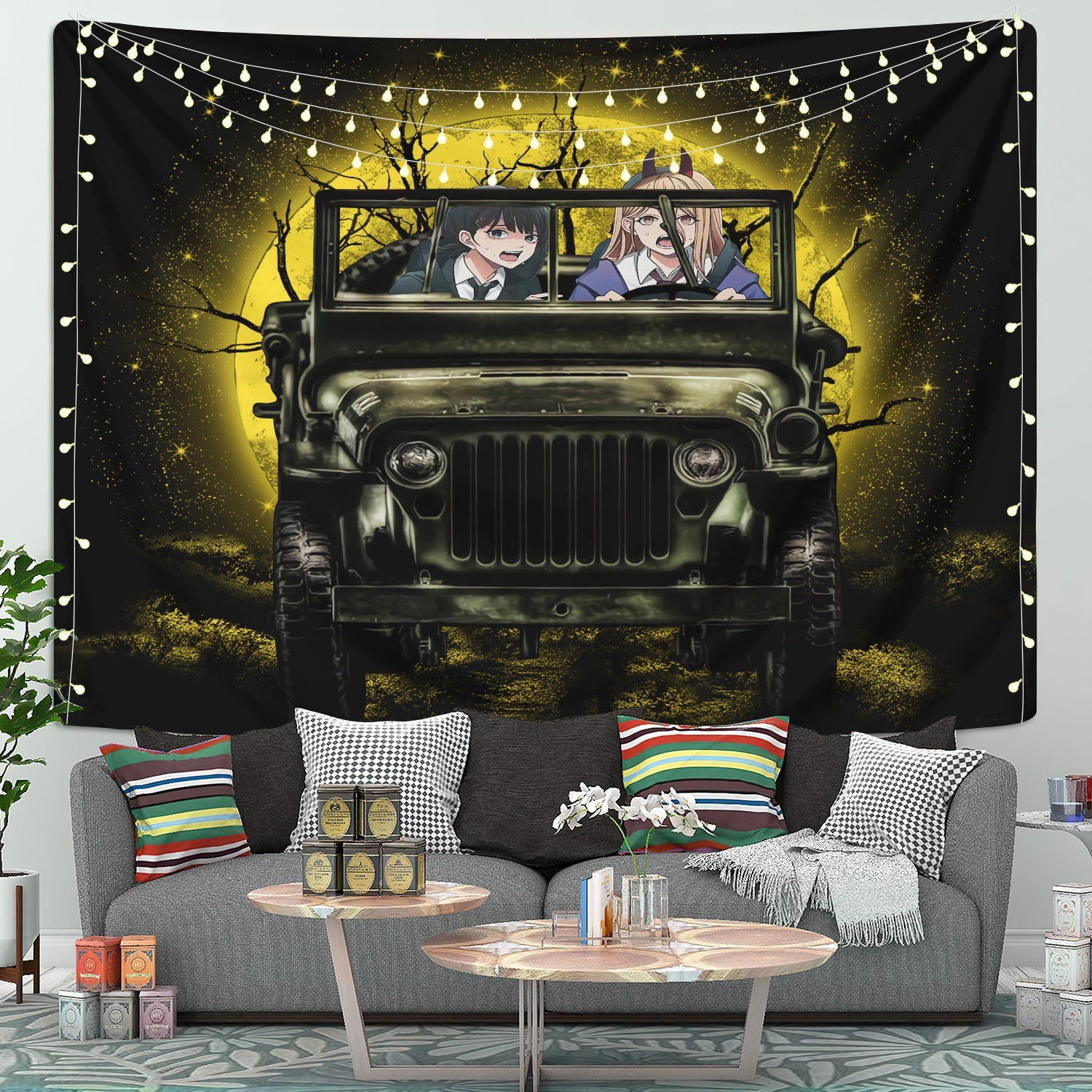 Chainsaw Man Anime Funny Halloween Moonlight Tapestry Room Decor Nearkii