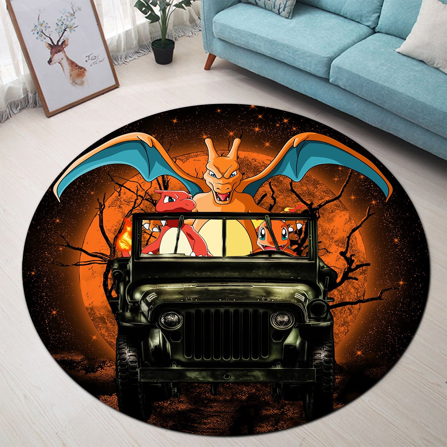 Charizard Charmender Drive Jeep Moonlight Halloween Round Carpet Rug Bedroom Livingroom Home Decor Nearkii