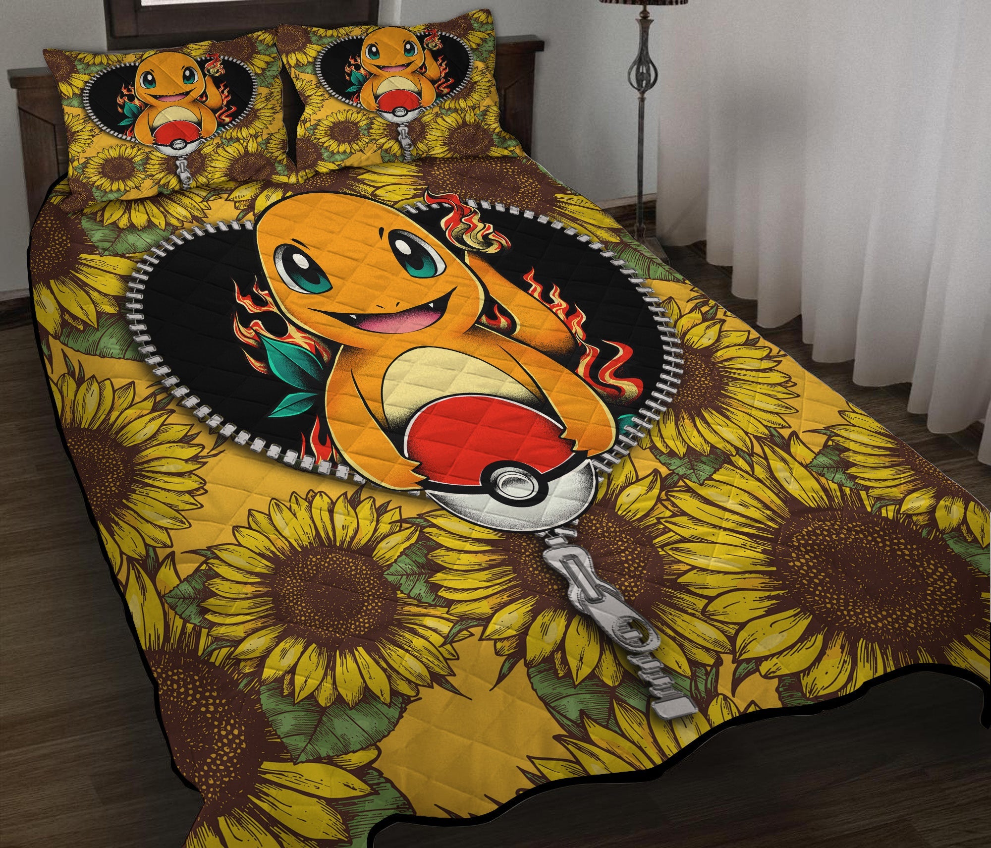 Charmander Pokemon Sunflower Zipper Quilt Bed Sets Nearkii