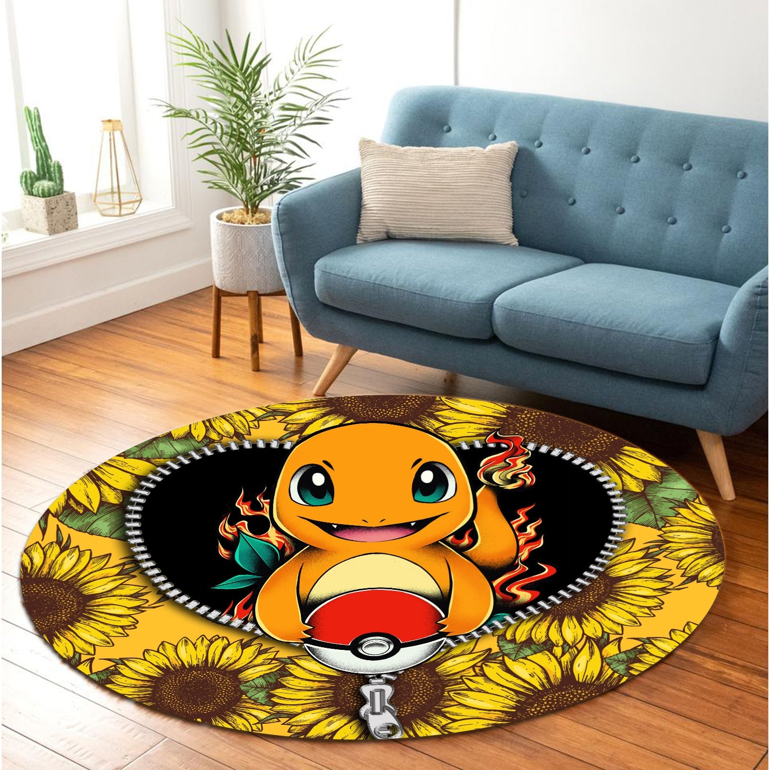 Charmander Pokemon Sunflower Zipper Round Carpet Rug Bedroom Livingroom Home Decor Nearkii