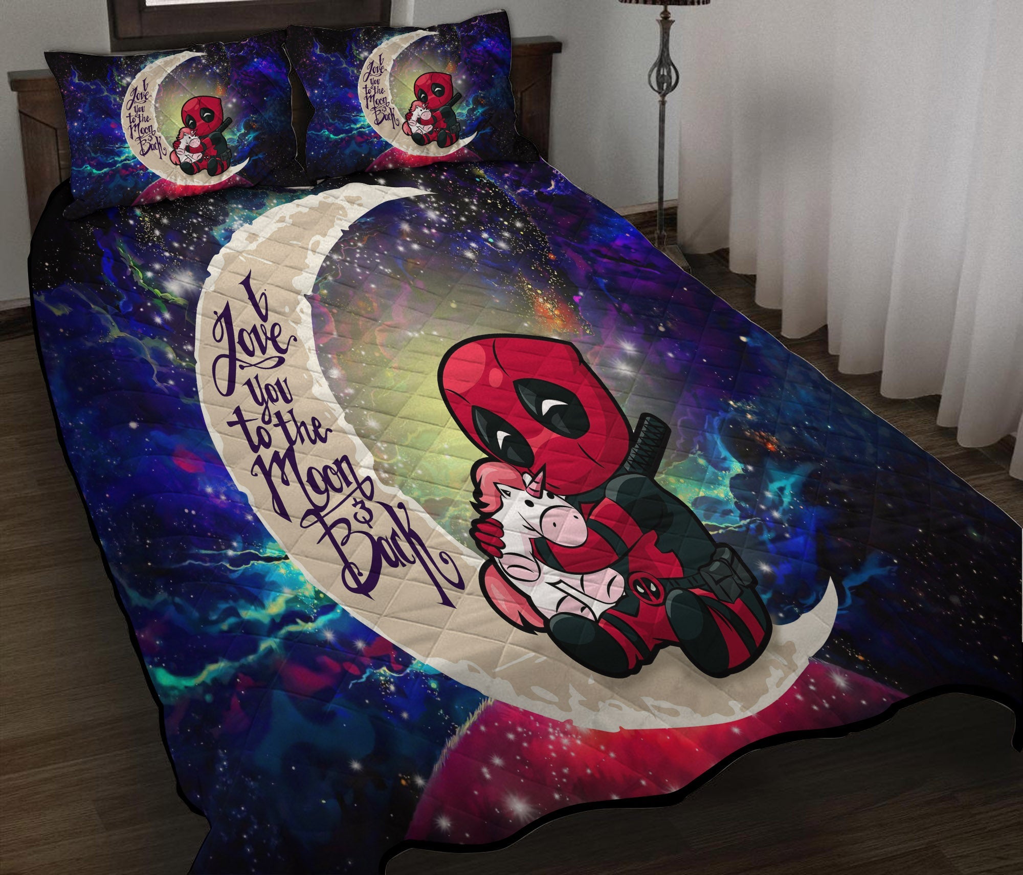 Chibi Deadpool Unicorn Toy Love You To The Moon Galaxy Quilt Bed Sets Nearkii