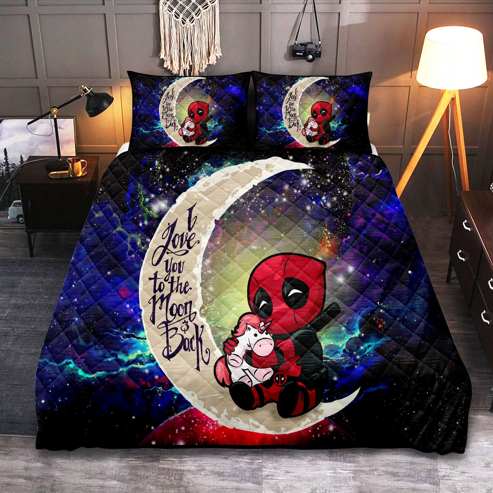 Chibi Deadpool Unicorn Toy Love You To The Moon Galaxy Quilt Bed Sets Nearkii