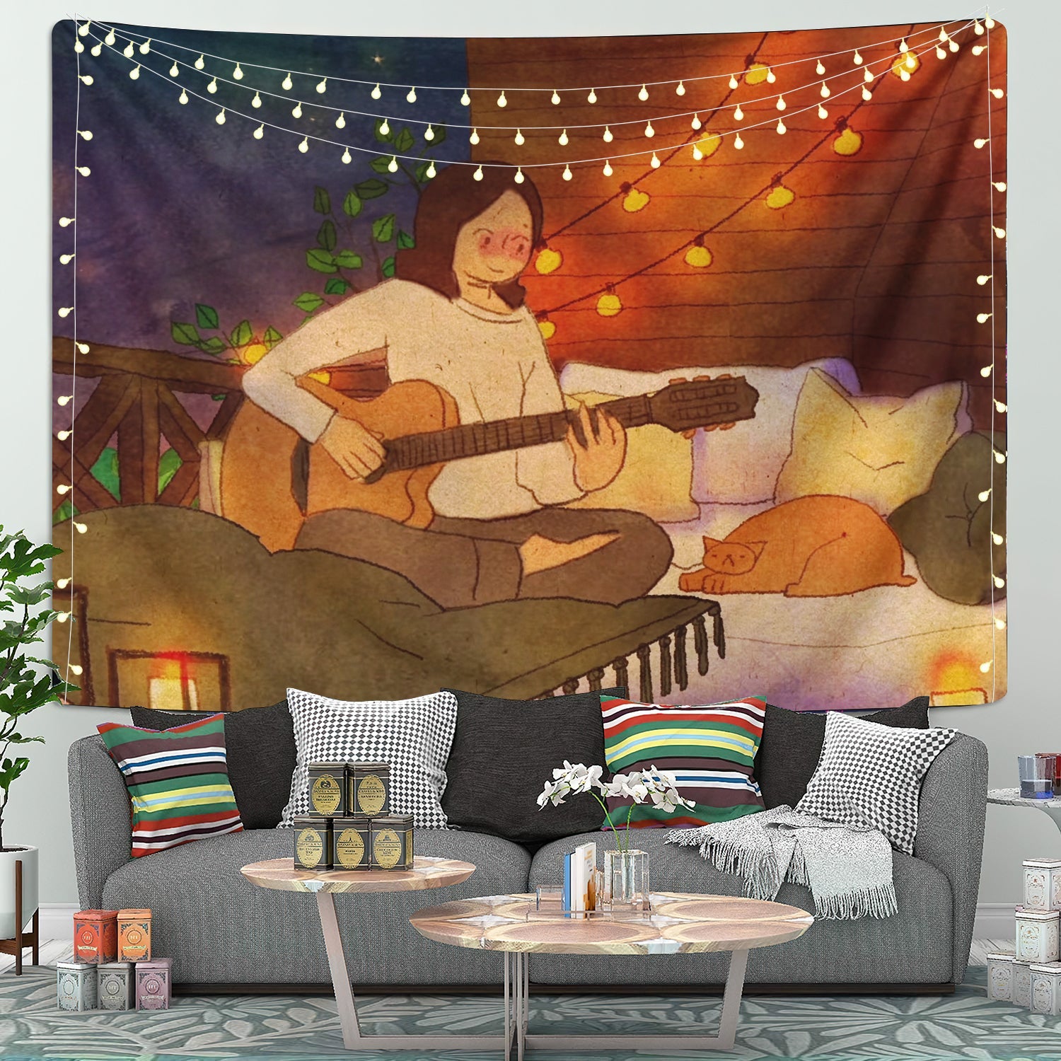 Chill Lofi Girl With Cat Tapestry Room Decor Nearkii