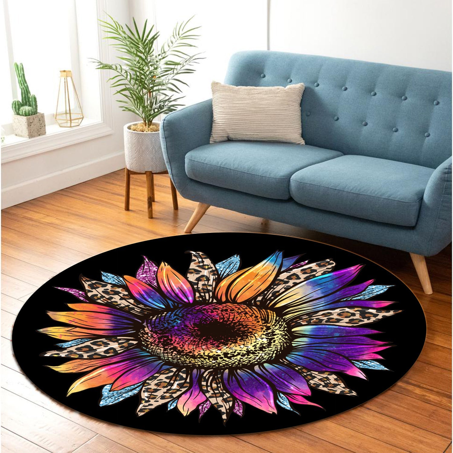 Colorful Cheetah Sunflower Round Carpet Rug Bedroom Livingroom Home Decor Nearkii