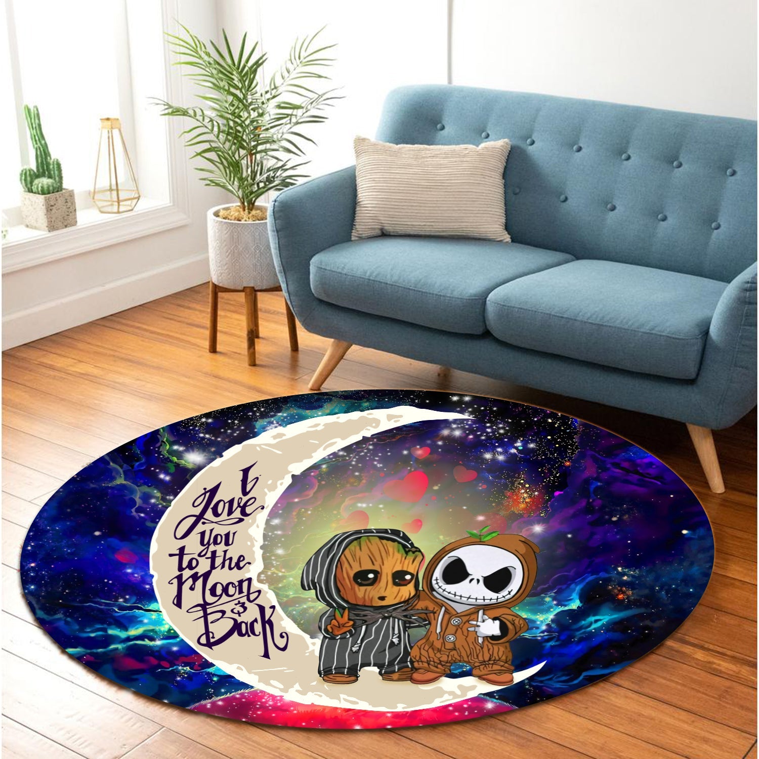 Cute Baby Groot And Jack Nightmare Before Christmas Love You To The Moon Galaxy Round Carpet Rug Bedroom Livingroom Home Decor Nearkii