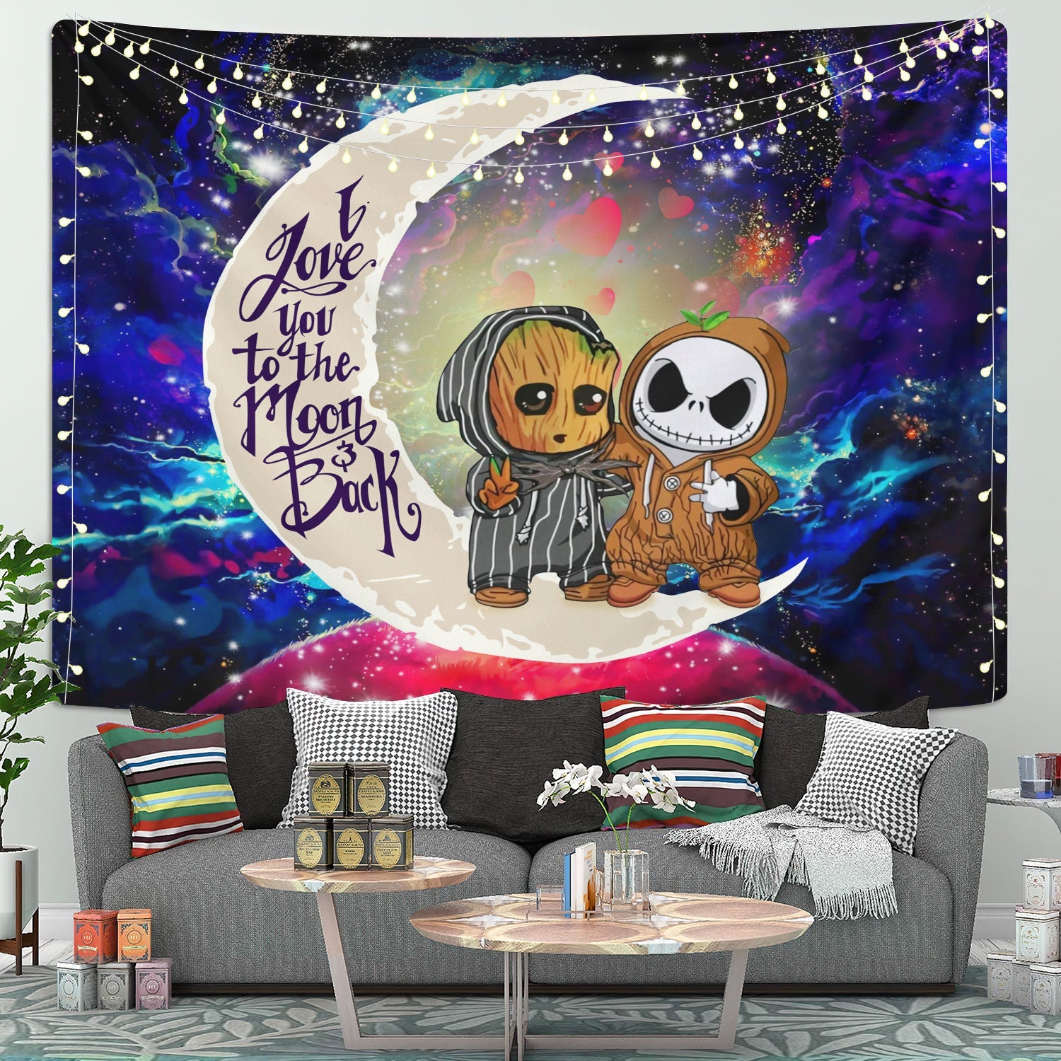 Cute Baby Groot And Jack Nightmare Before Christmas Love You To The Moon Galaxy Tapestry Room Decor Nearkii