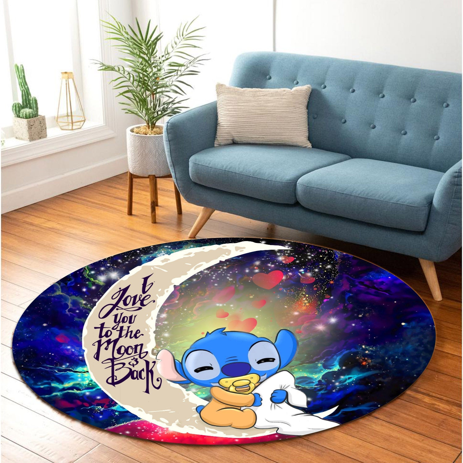 Cute Baby Stitch Sleep Love You To The Moon Galaxy Round Carpet Rug Bedroom Livingroom Home Decor Nearkii