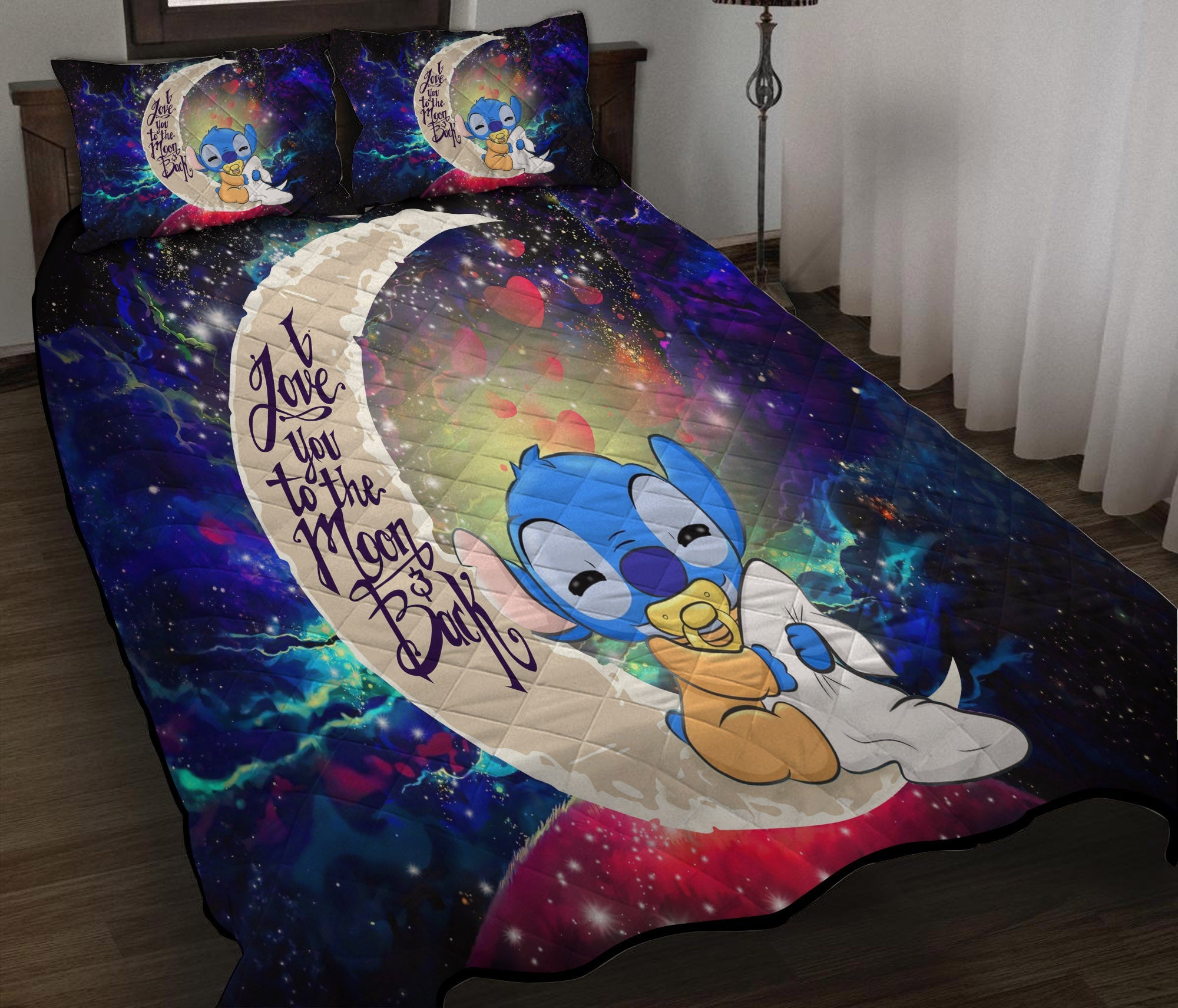 Cute Baby Stitch Sleep Love You To The Moon Galaxy Quilt Bed Sets Nearkii