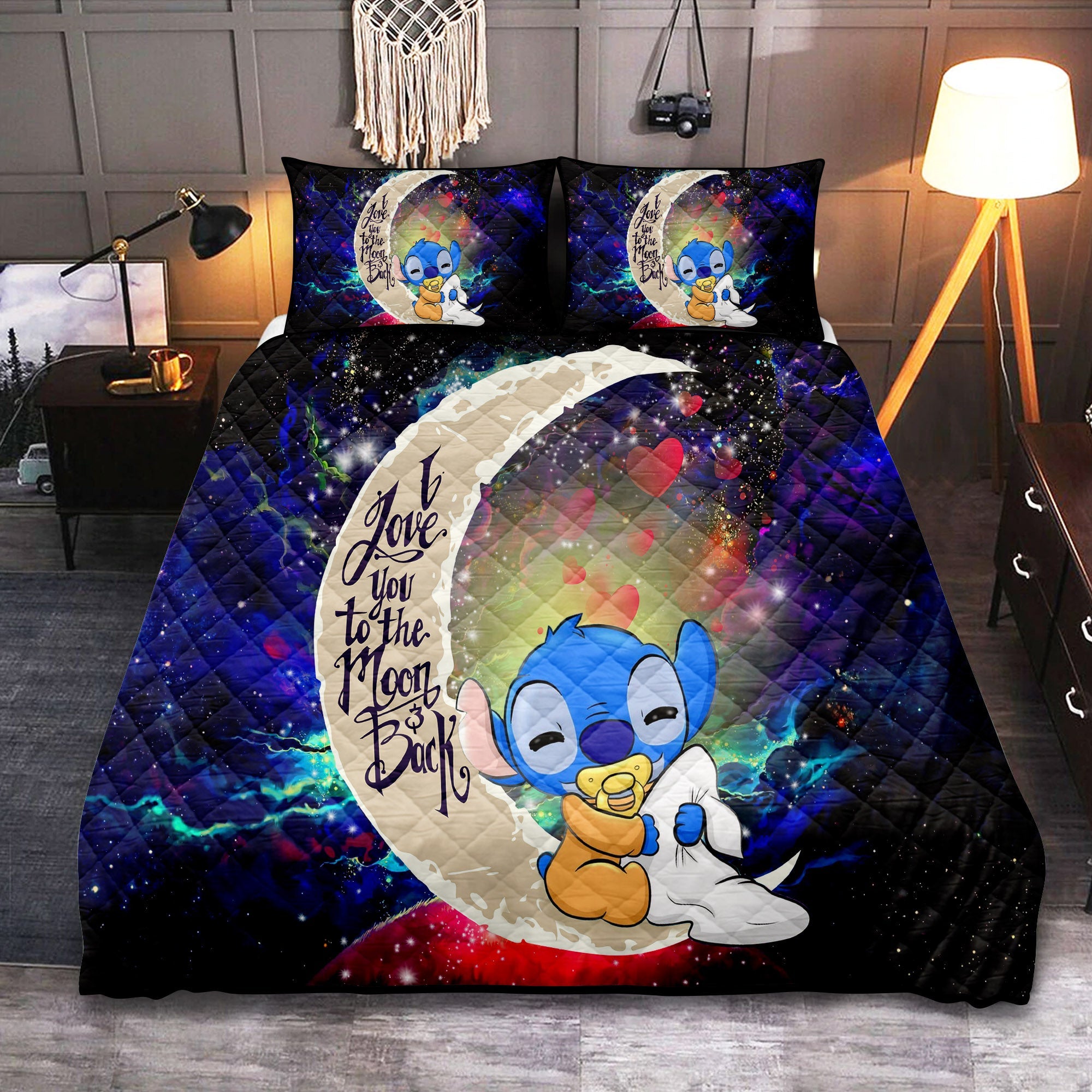 Cute Baby Stitch Sleep Love You To The Moon Galaxy Quilt Bed Sets Nearkii