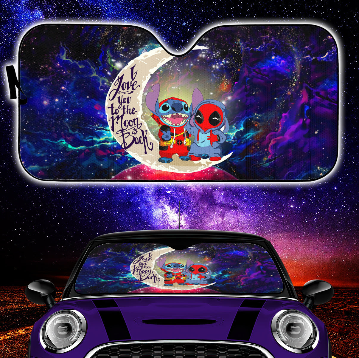 Cute Deadpool And Stitch Love You To The Moon Galaxy Car Auto Sunshades Nearkii