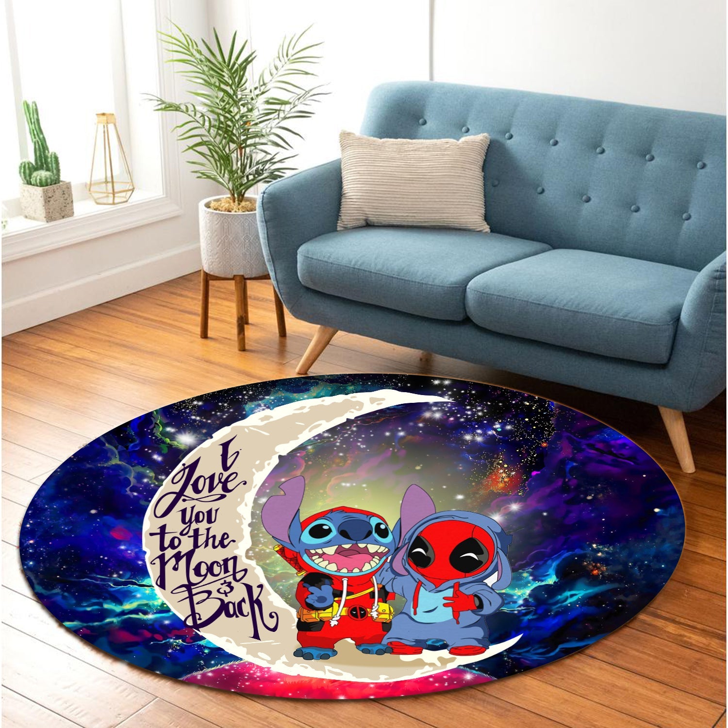 Cute Deadpool And Stitch Love You To The Moon Galaxy Round Carpet Rug Bedroom Livingroom Home Decor Nearkii