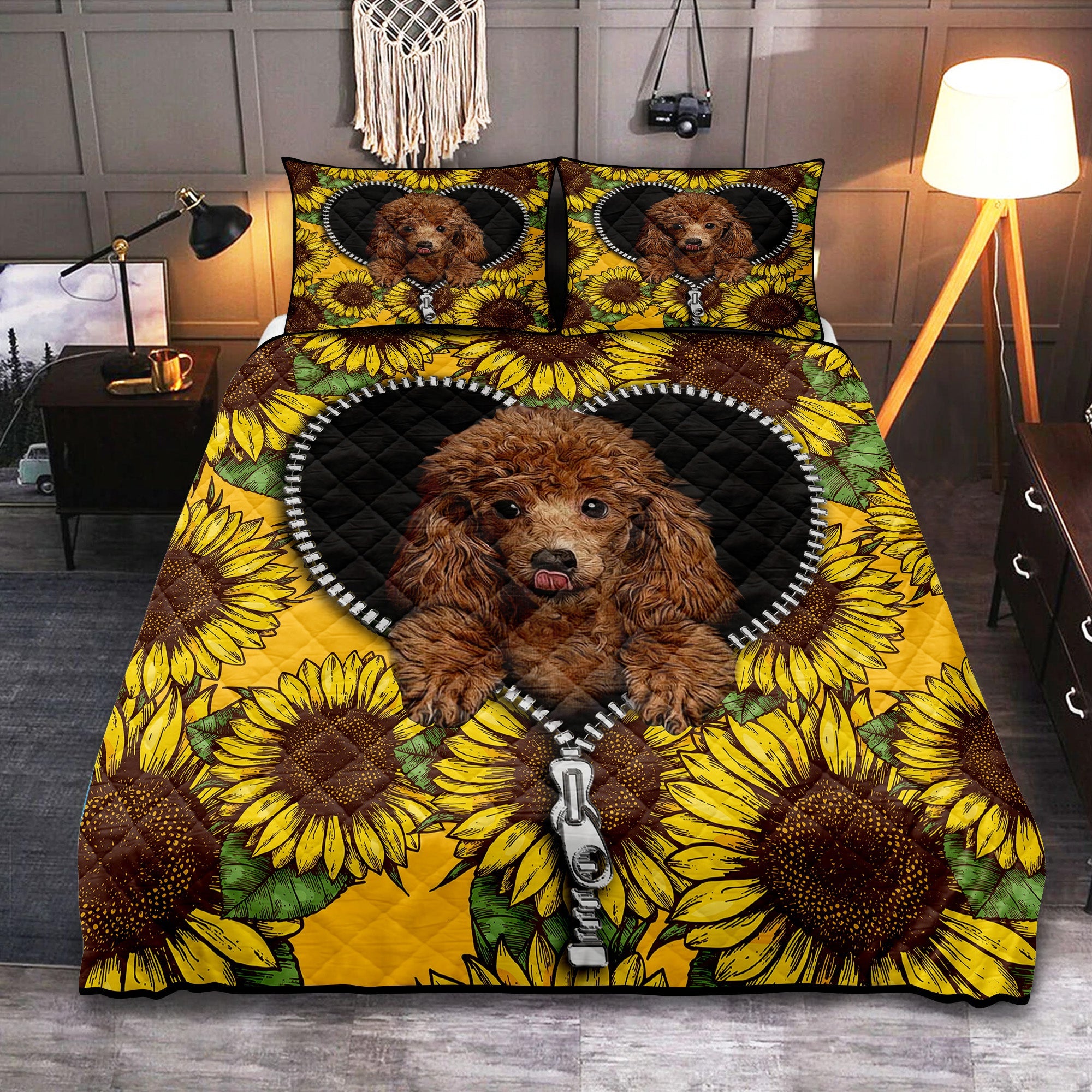 Cute Dog Poodle Sunflower Zipper Quilt Bed Sets Nearkii